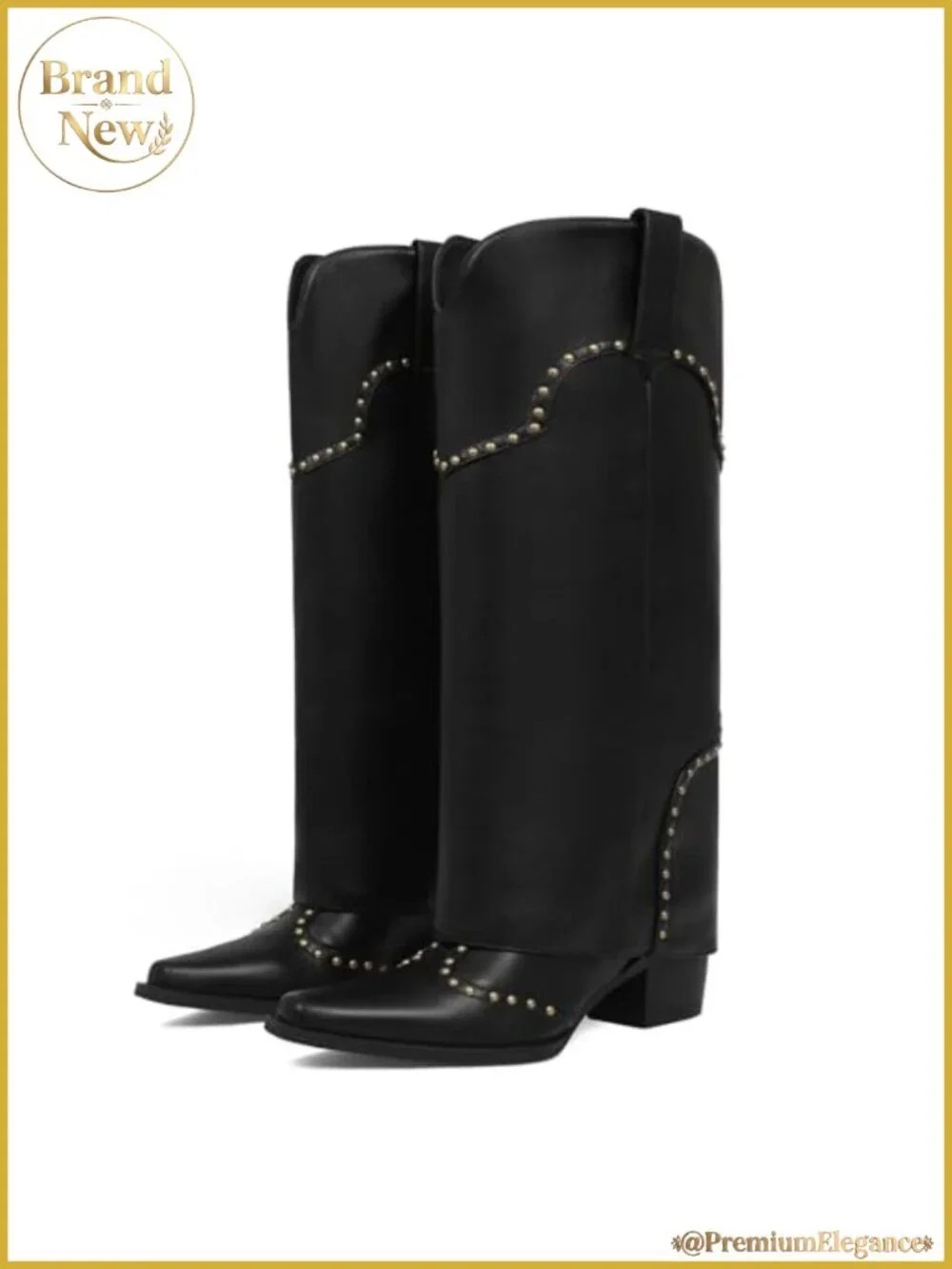 Fold Over Knee High Boots Chunky Heel Studded Snip Toe Women's